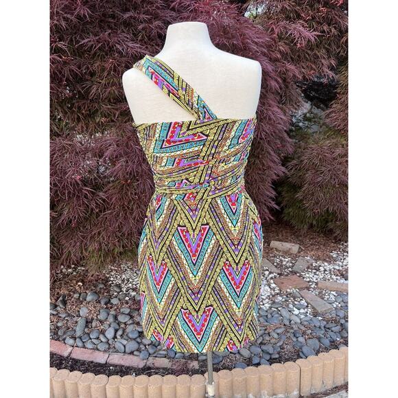 Mara Hoffman One Shoulder Twist Mini Dress Geometric Pattern 100% Silk Size 10 - Picture 3 of 6
